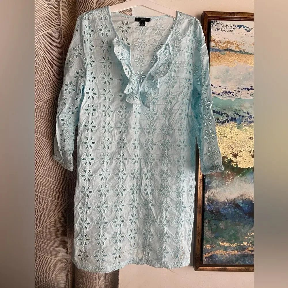 J Crew Top Eyelet Pullover Tunic Blouse Mint 3/4 Sleeve Ruffle Neck Cotton Sz S